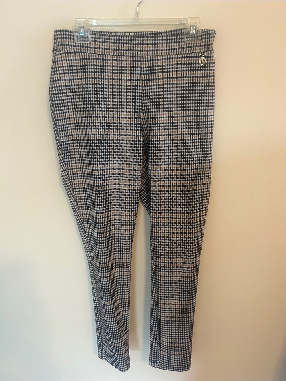 Checked Stretch Slim Women’s Pants - Black & White with a little gold color